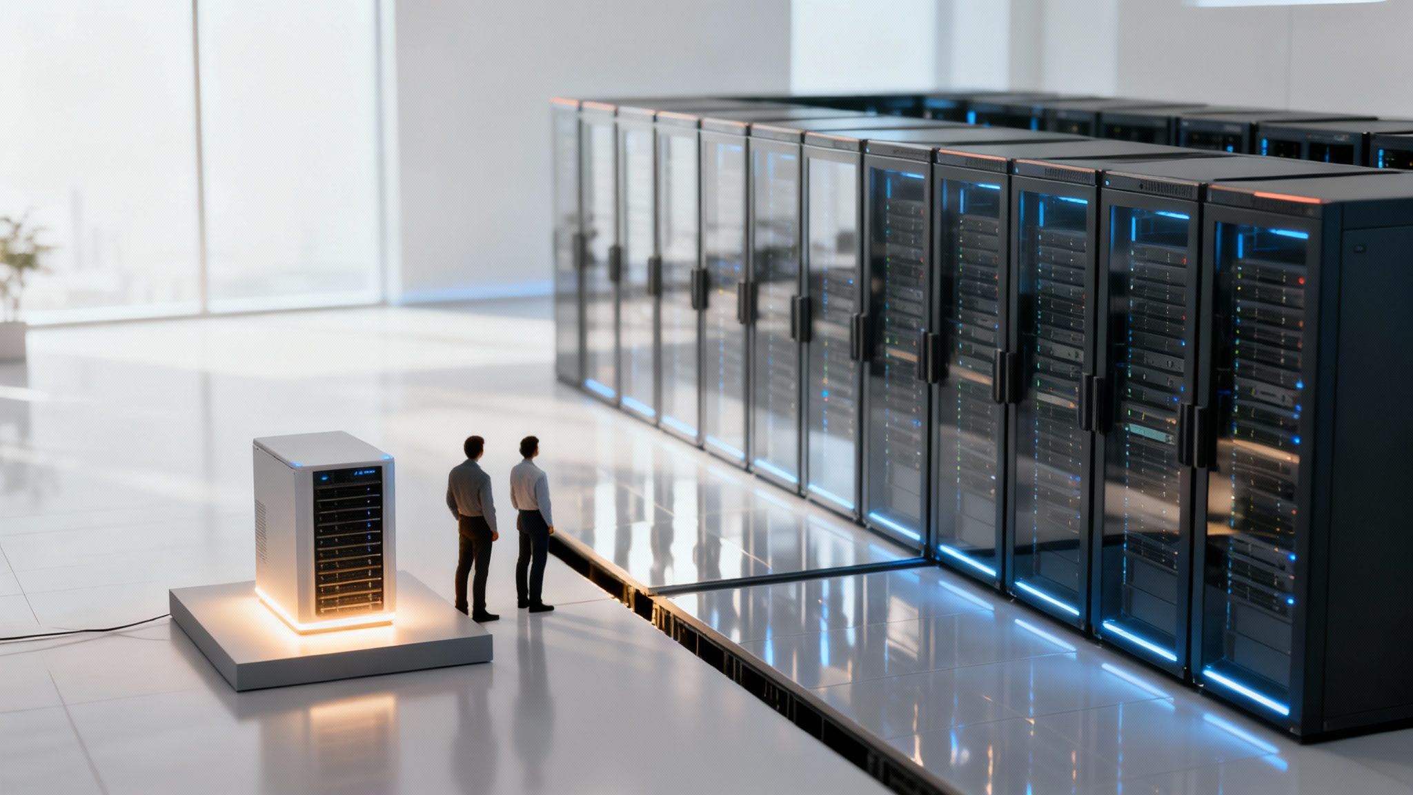 Two small men observe a modern data center with a compact server unit glowing on a platform.
