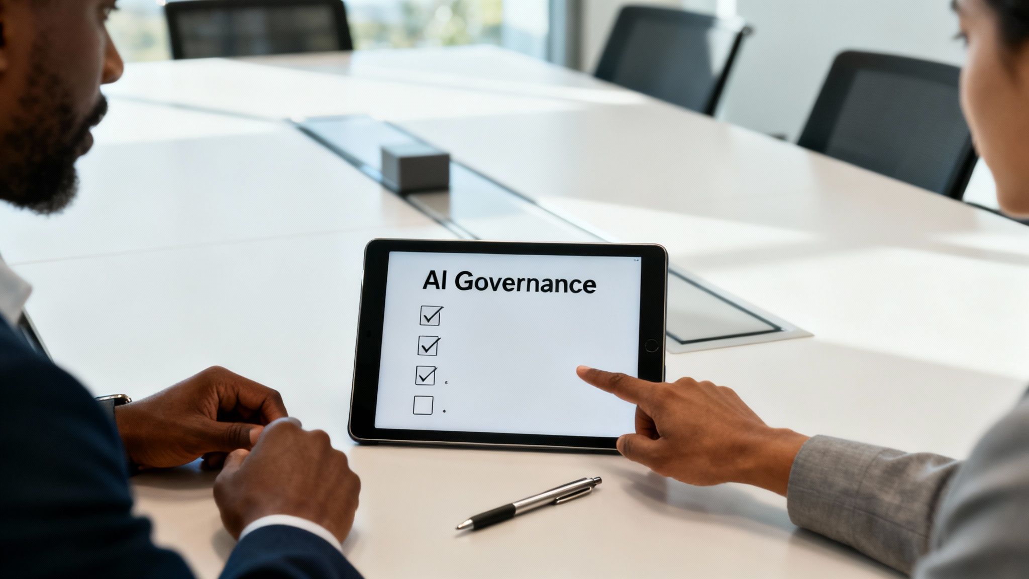 Two business professionals reviewing AI Governance checklist on tablet during corporate meeting