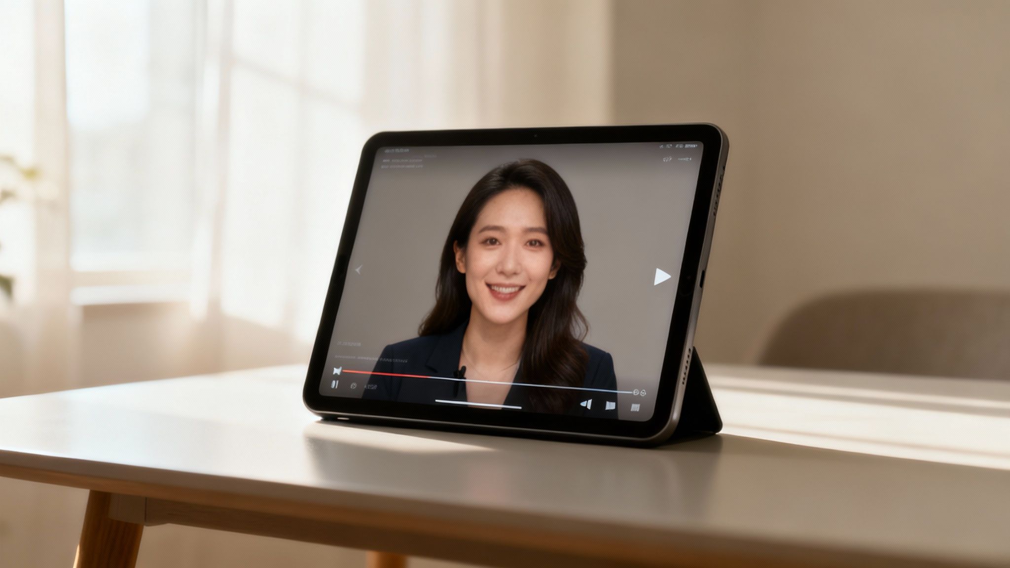 Tablet displaying video conference call with professional woman in business attire on wooden desk