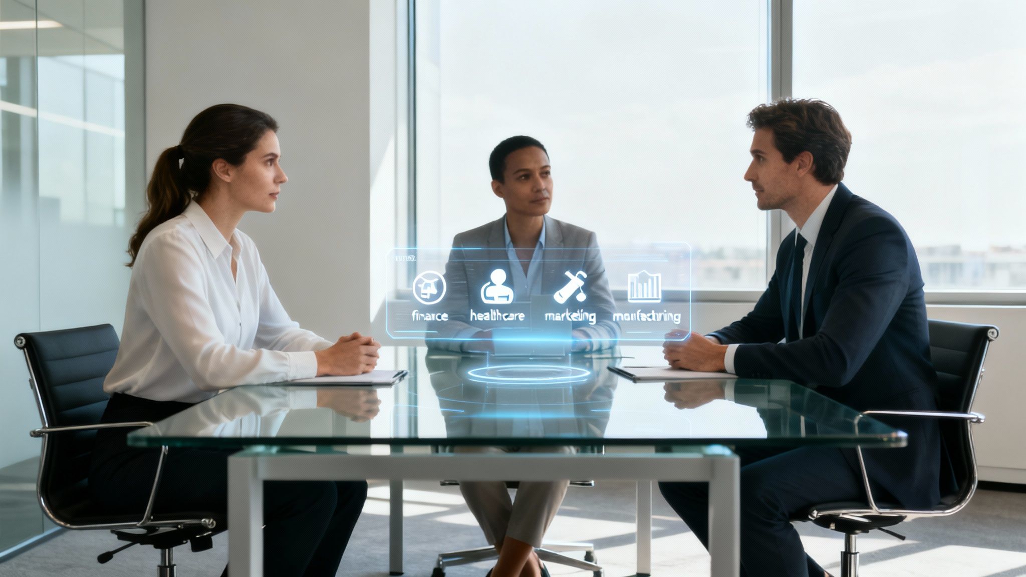 Three business professionals discuss finance, healthcare, marketing, and manufacturing using a holographic interface in a modern office.