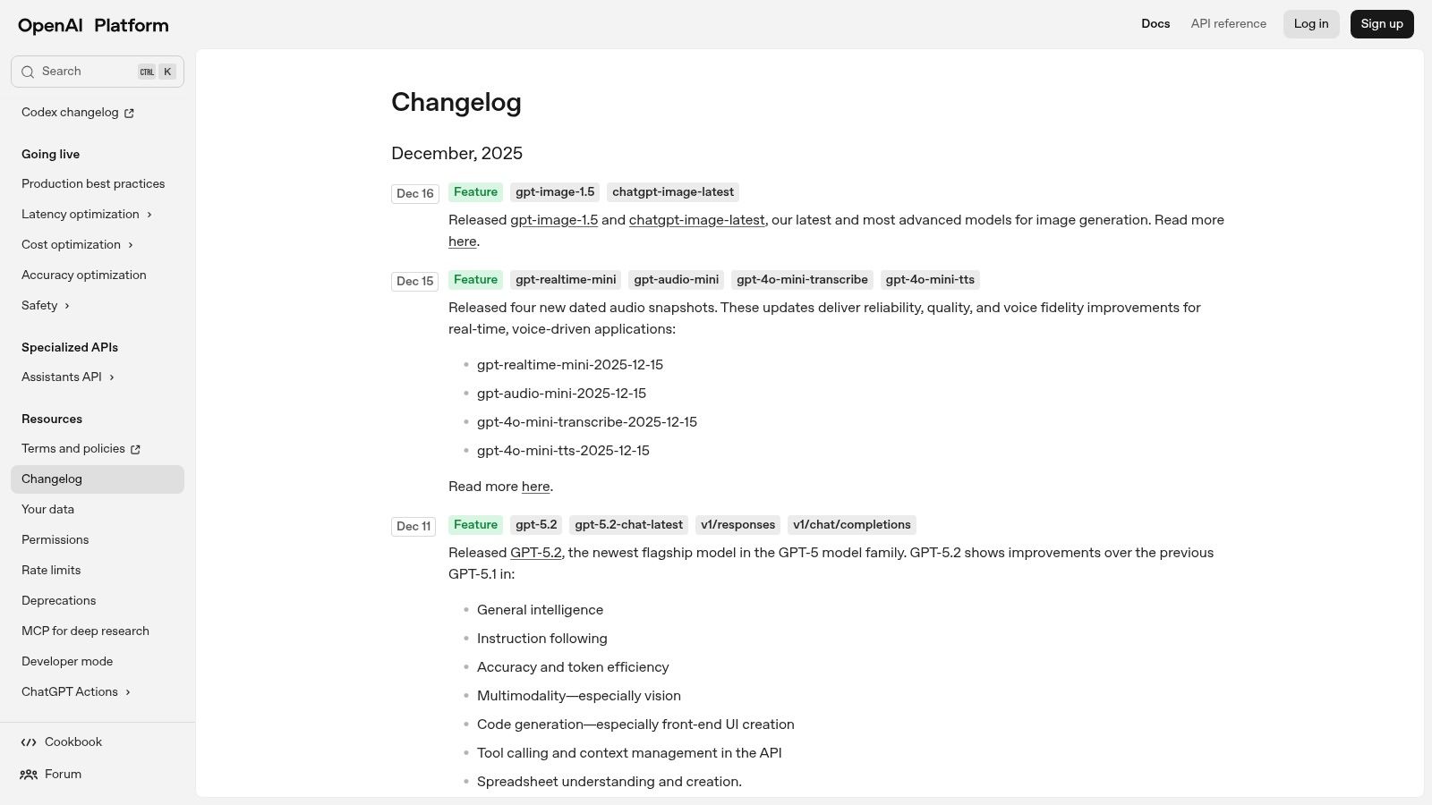 OpenAI Platform Changelog