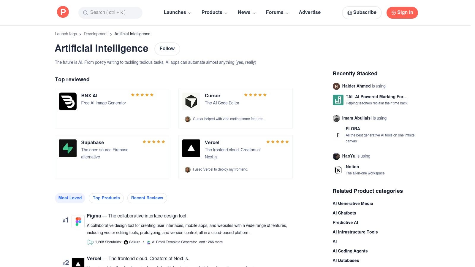 Product Hunt (Artificial Intelligence topic)