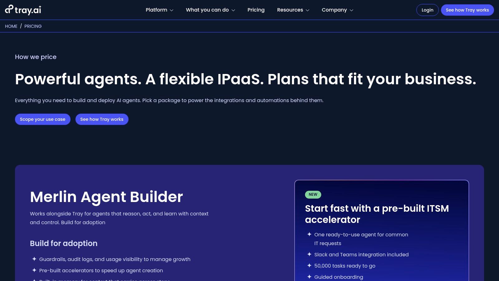 The Tray.io platform showing its visual workflow builder with various app connectors.