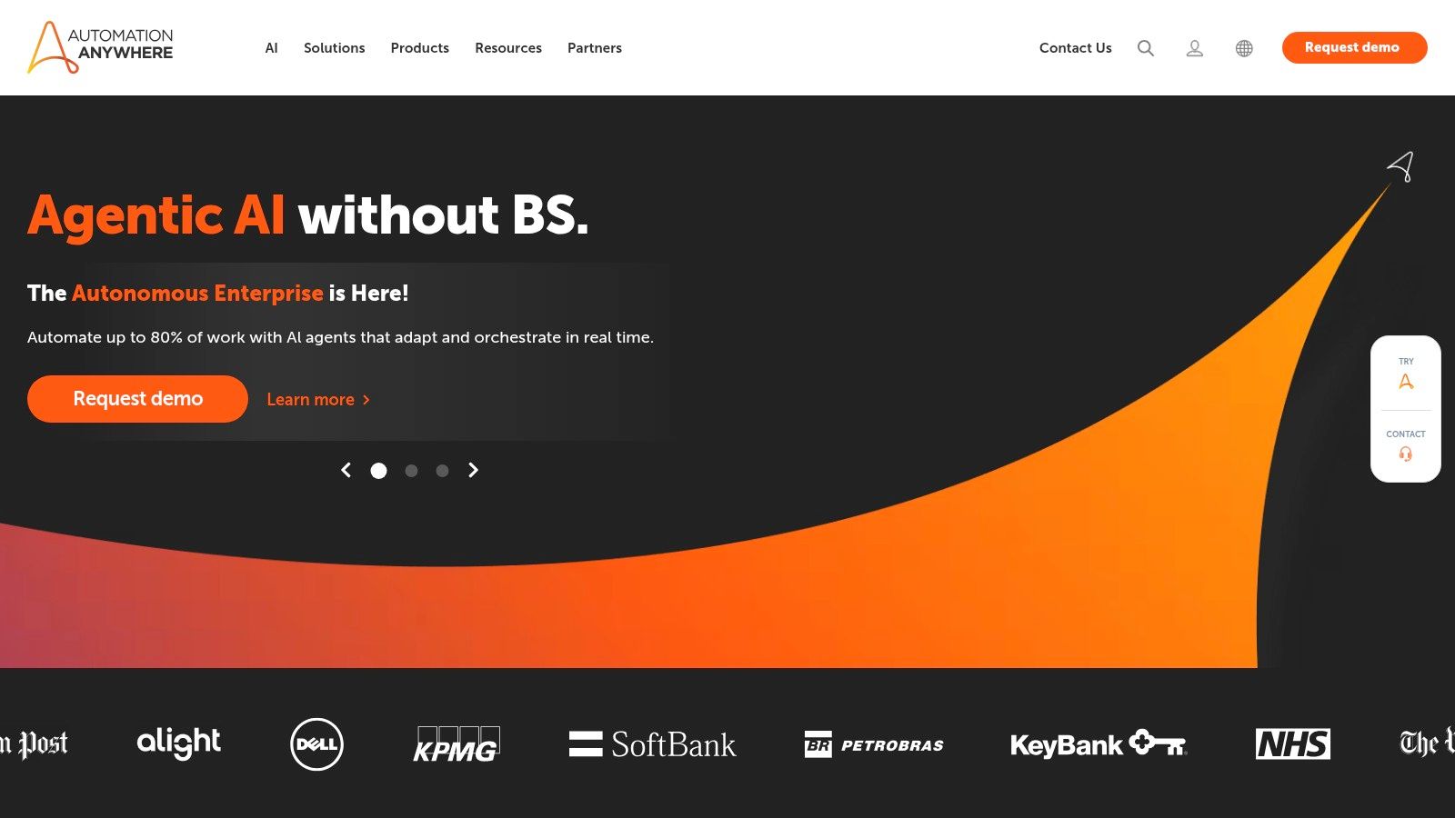 A user interacting with the Automation Anywhere web-based automation designer, showing a visual flow of tasks and bots.