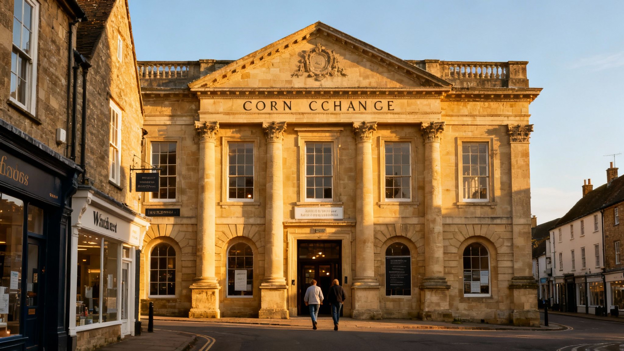 Historic stone Corn Exchange building in Witney, Oxfordshire, with shops and pedestrians.