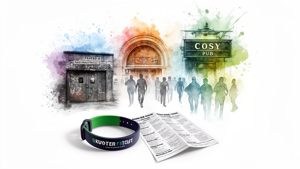 Watercolor illustration of city scenes, people, a 'Cosy Pub' sign, and event wristband with brochure.
