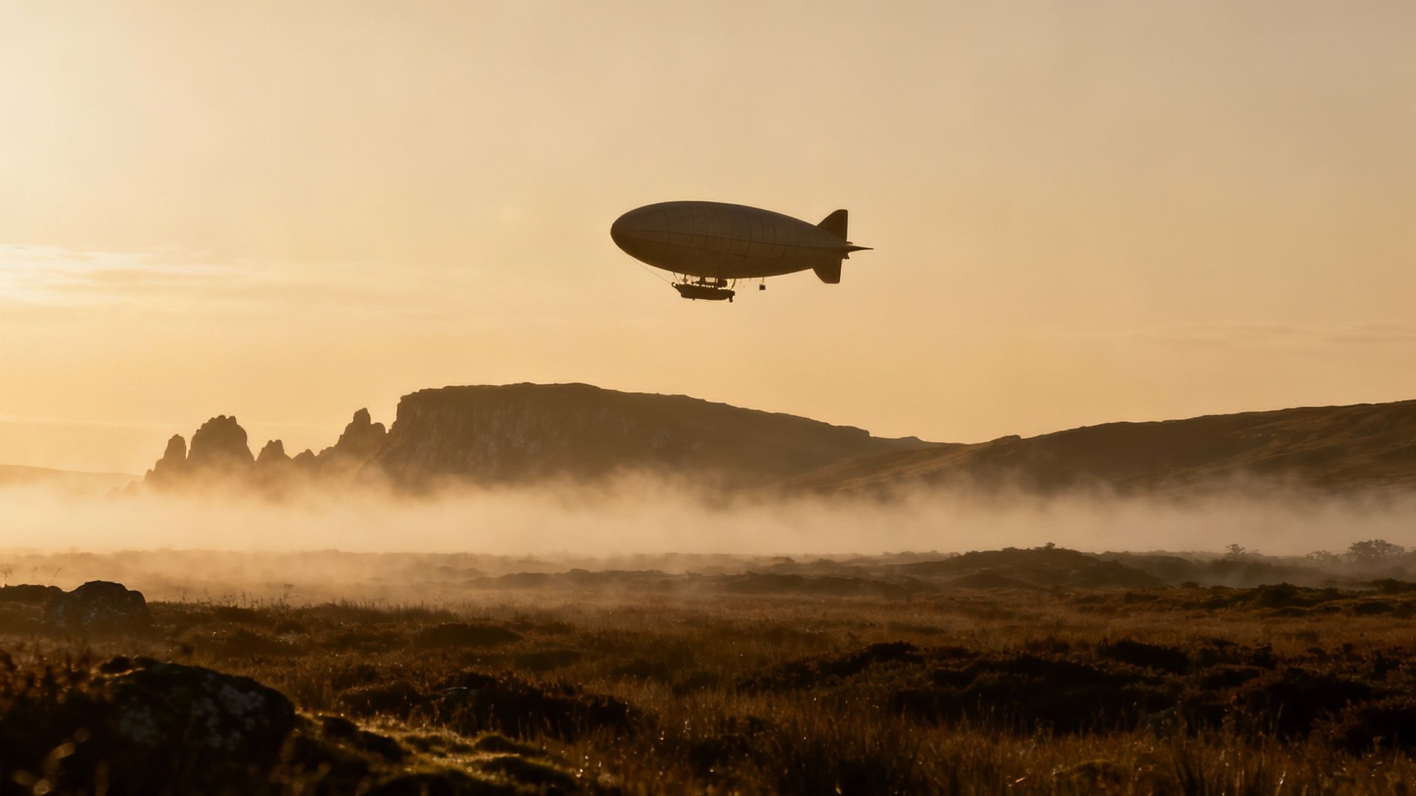 A vintage-style airship floats above a foggy, rugged landscape bathed in golden light at sunset.
