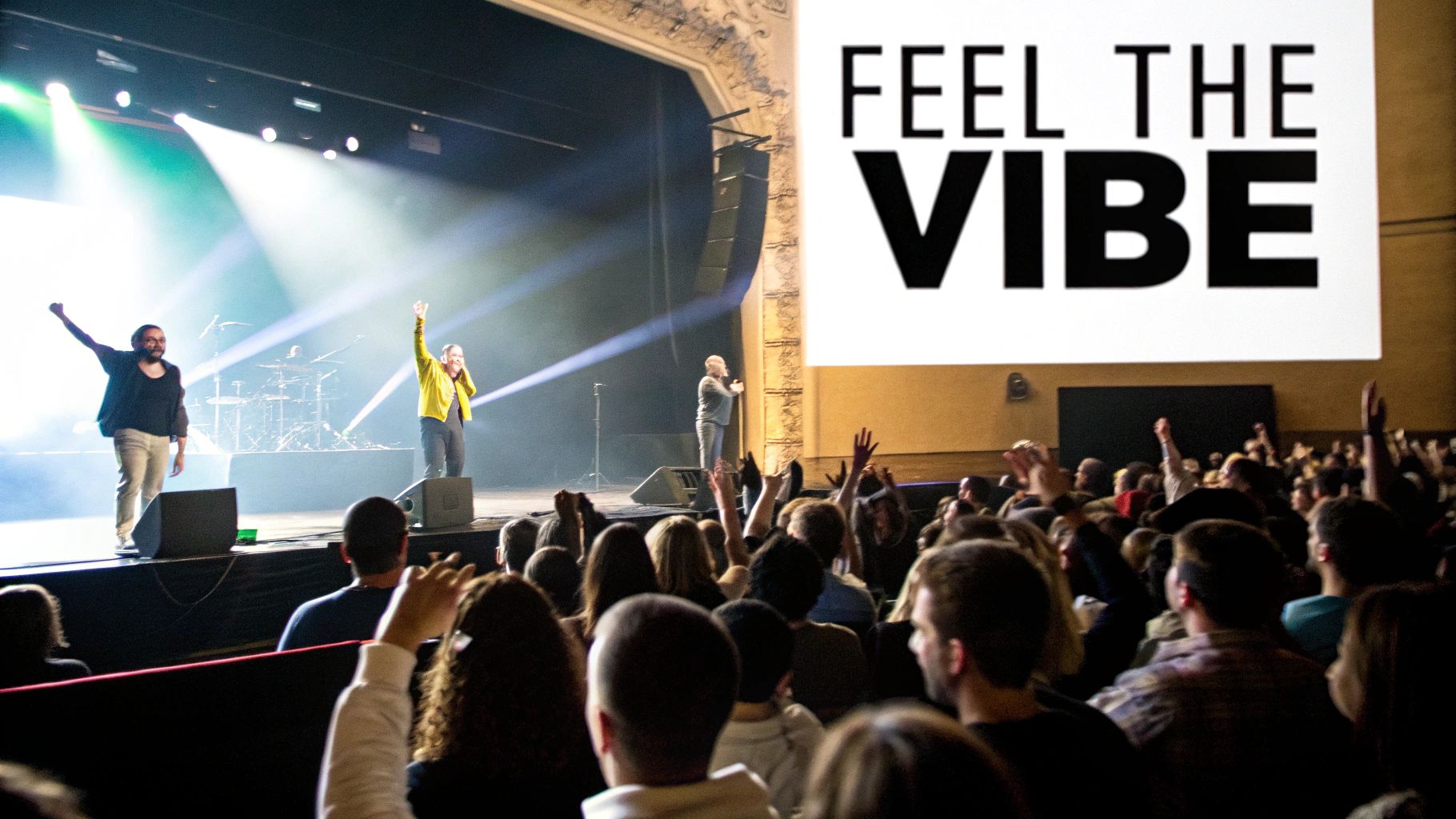 Audience with raised hands enjoying a live concert with performers on a brightly lit stage.
