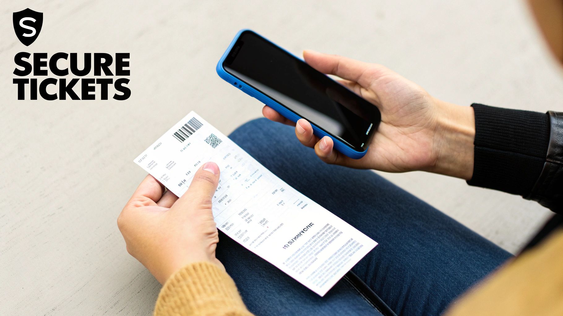 A person holds a smartphone and a secure paper ticket with a barcode for an event.