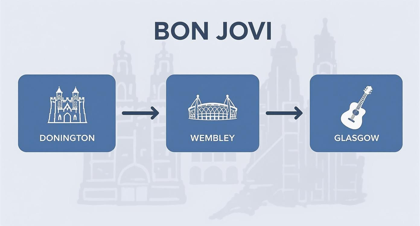Image showing Bon Jovi's UK tour stops in Donington, Wembley, and Glasgow with icons.