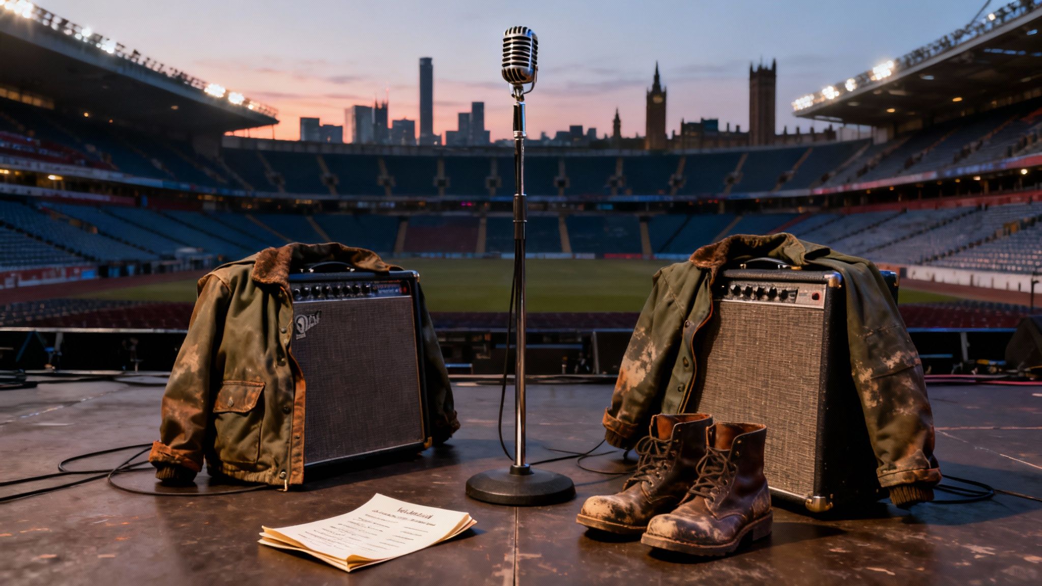 Stage set with retro microphone, amps, jackets, and boots in an empty stadium at dusk.