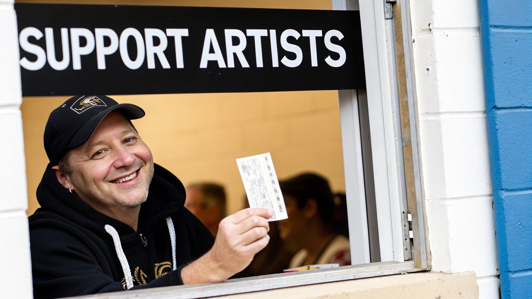 A smiling man in a black hoodie and cap holds a ticket through a window under a "SUPPORT ARTISTS" sign.