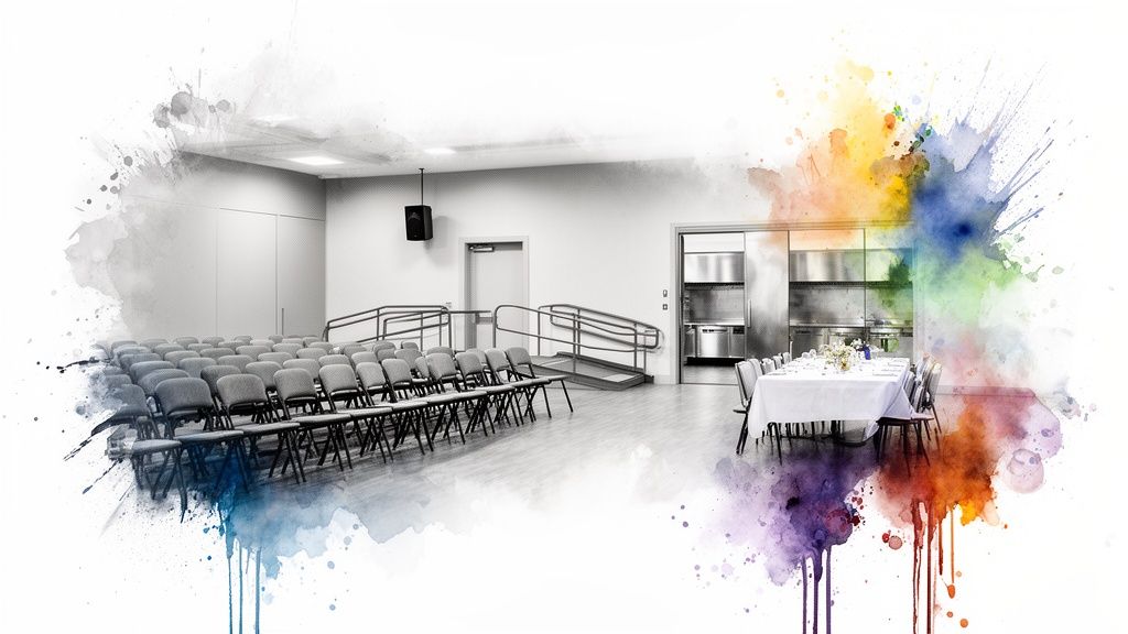 A vibrant watercolor image of a versatile community hall, featuring a seating area and a dining setup.