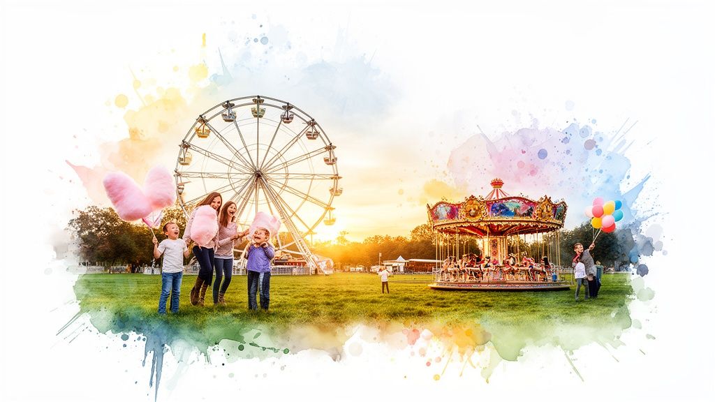 A vibrant watercolor illustration of a family enjoying a funfair with a Ferris wheel and carousel.