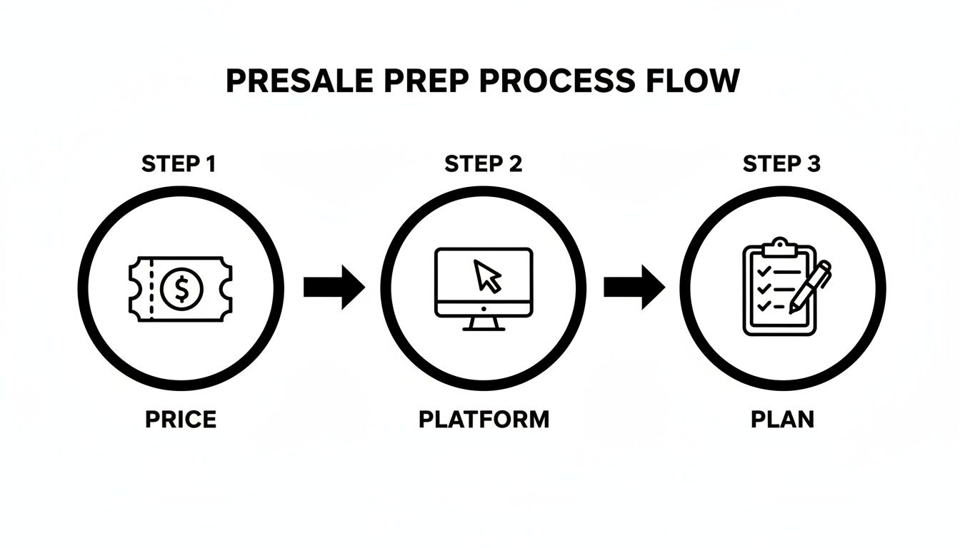 A three-step presale preparation process flow chart showing Price, Platform, and Plan with icons.