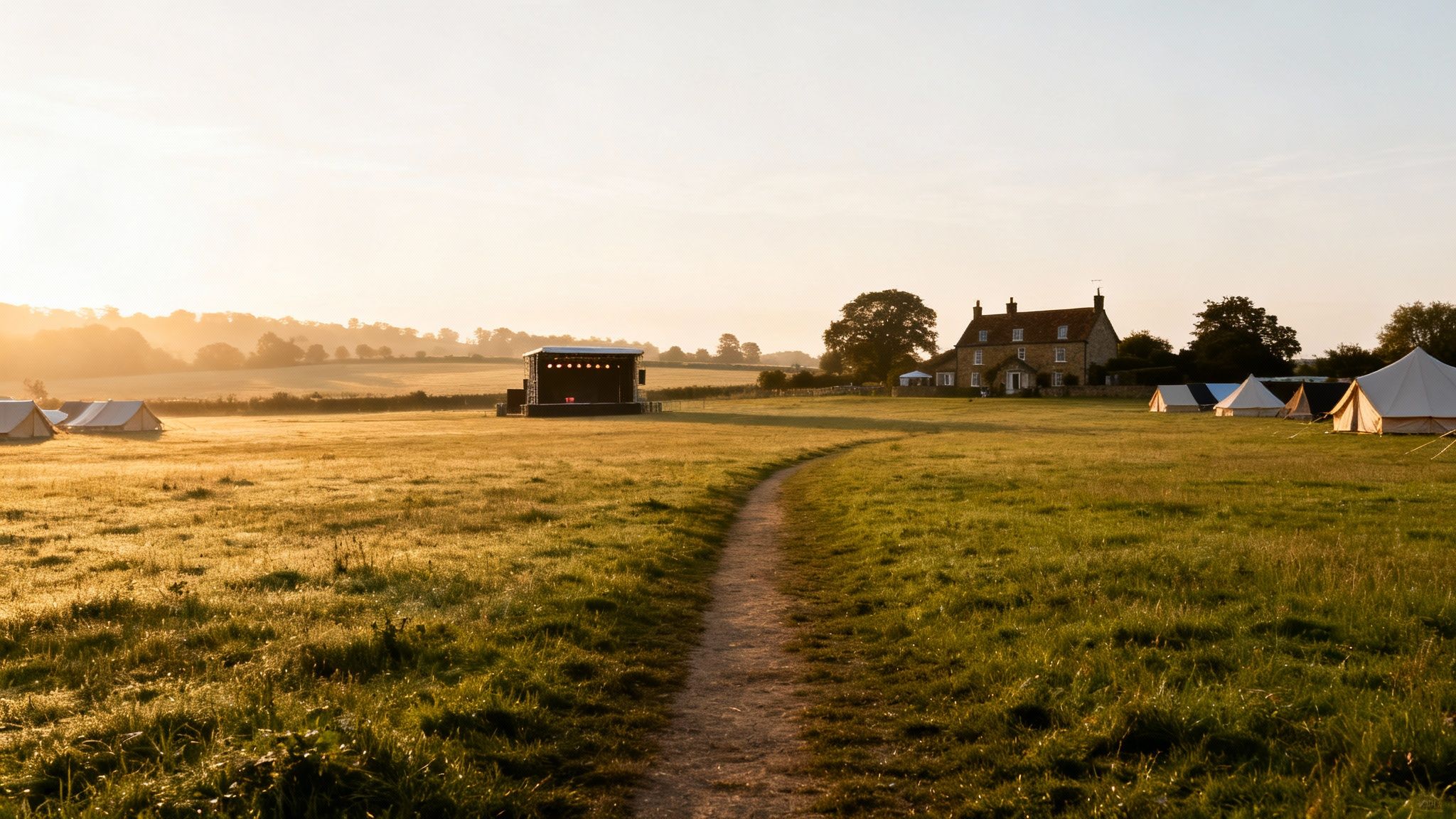 A picturesque golden hour view of a festival campsite with a stage, historic house, and tents in a field.