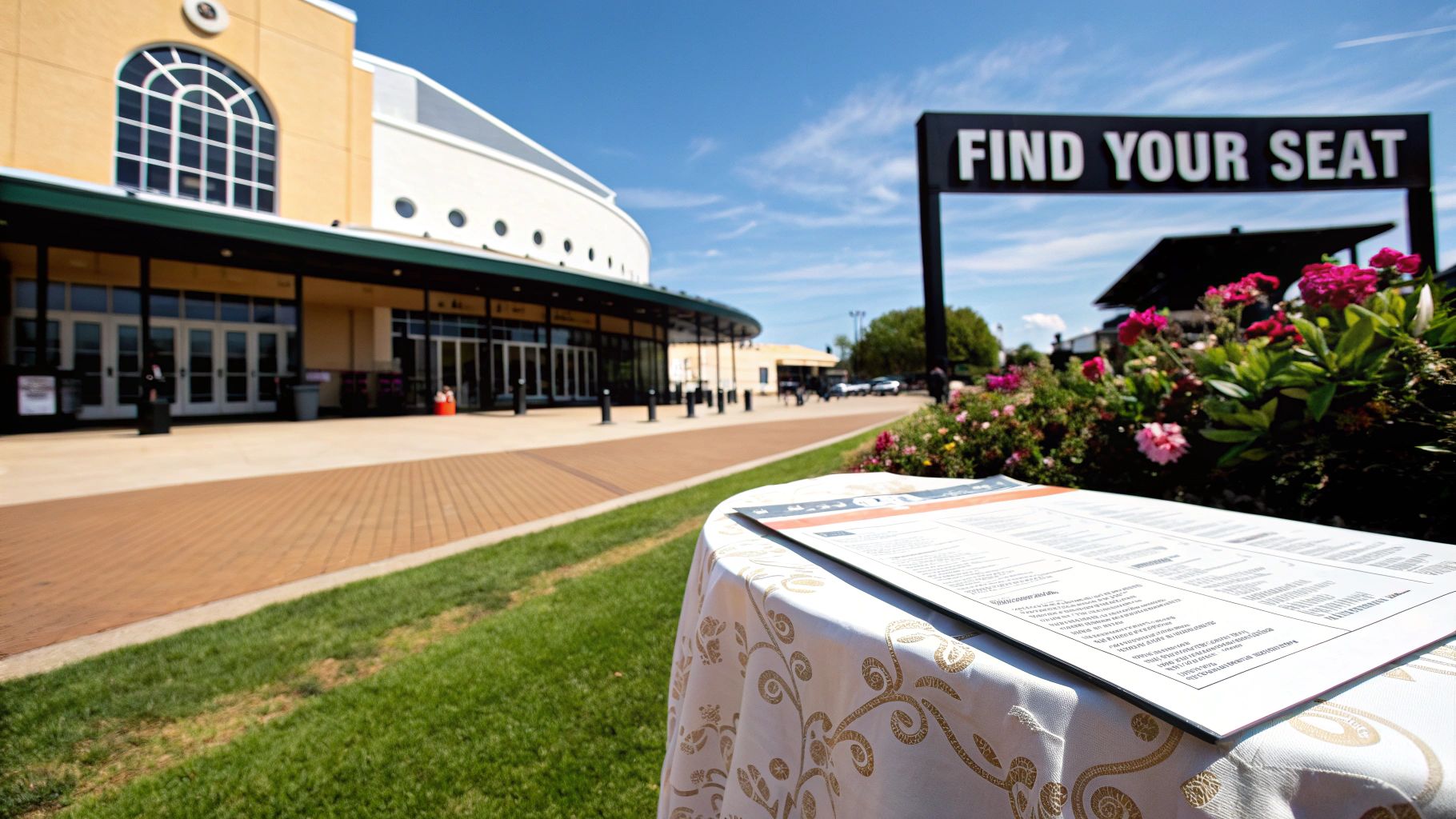 A sunny outdoor view of a venue, 'FIND YOUR SEAT' sign, and a seating plan on a table.