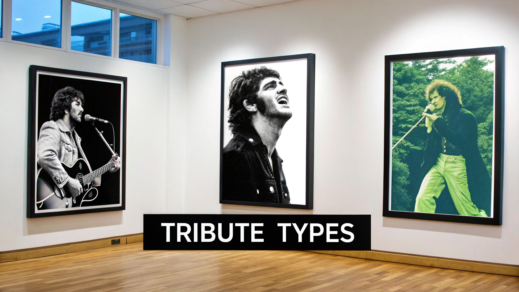 Three framed portraits of rock musicians on a gallery wall with a wooden floor and 'TRIBUTE TYPES' banner.