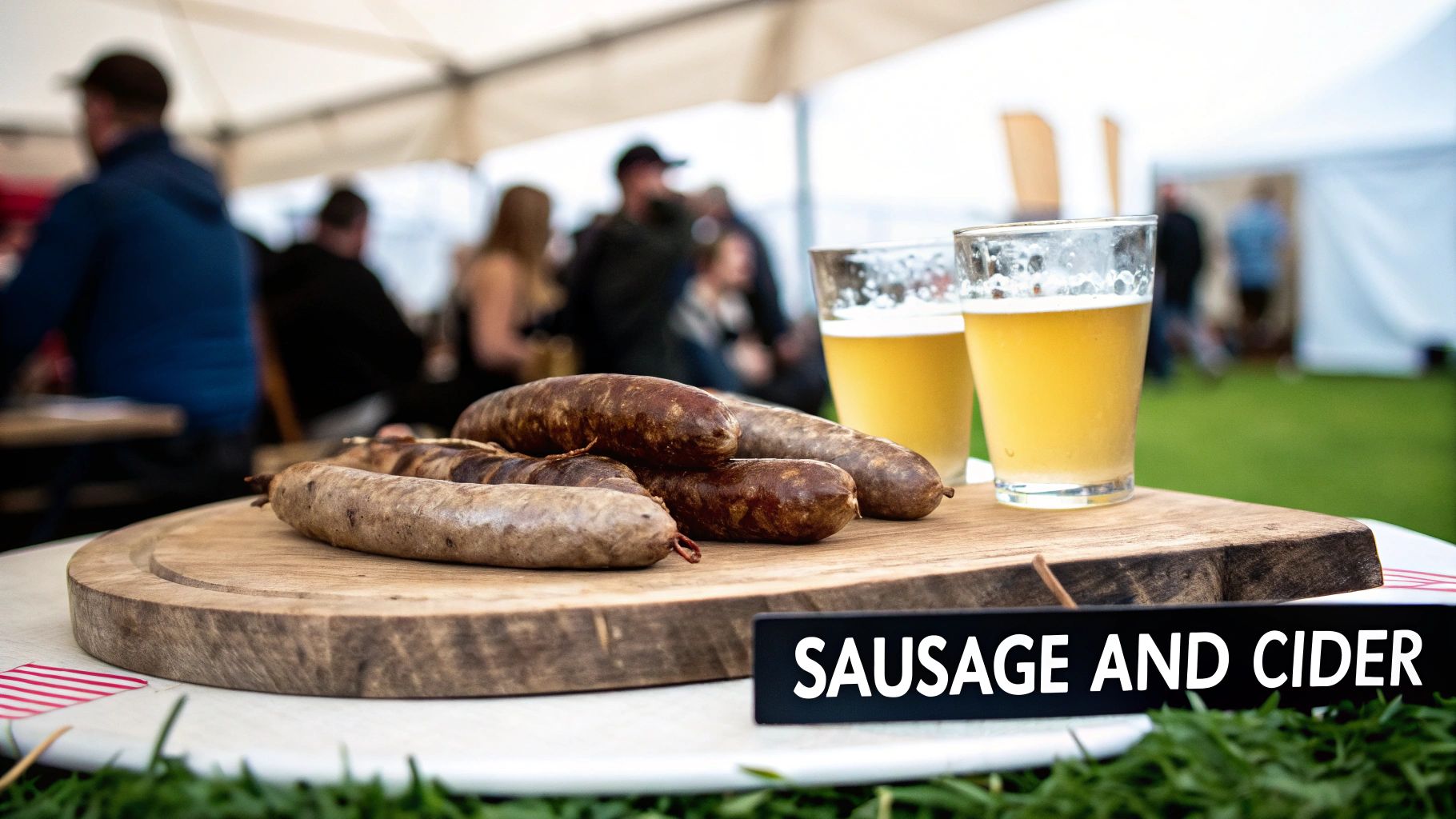 Grilled sausages on a wooden board next to two glasses of cider at an outdoor festival.