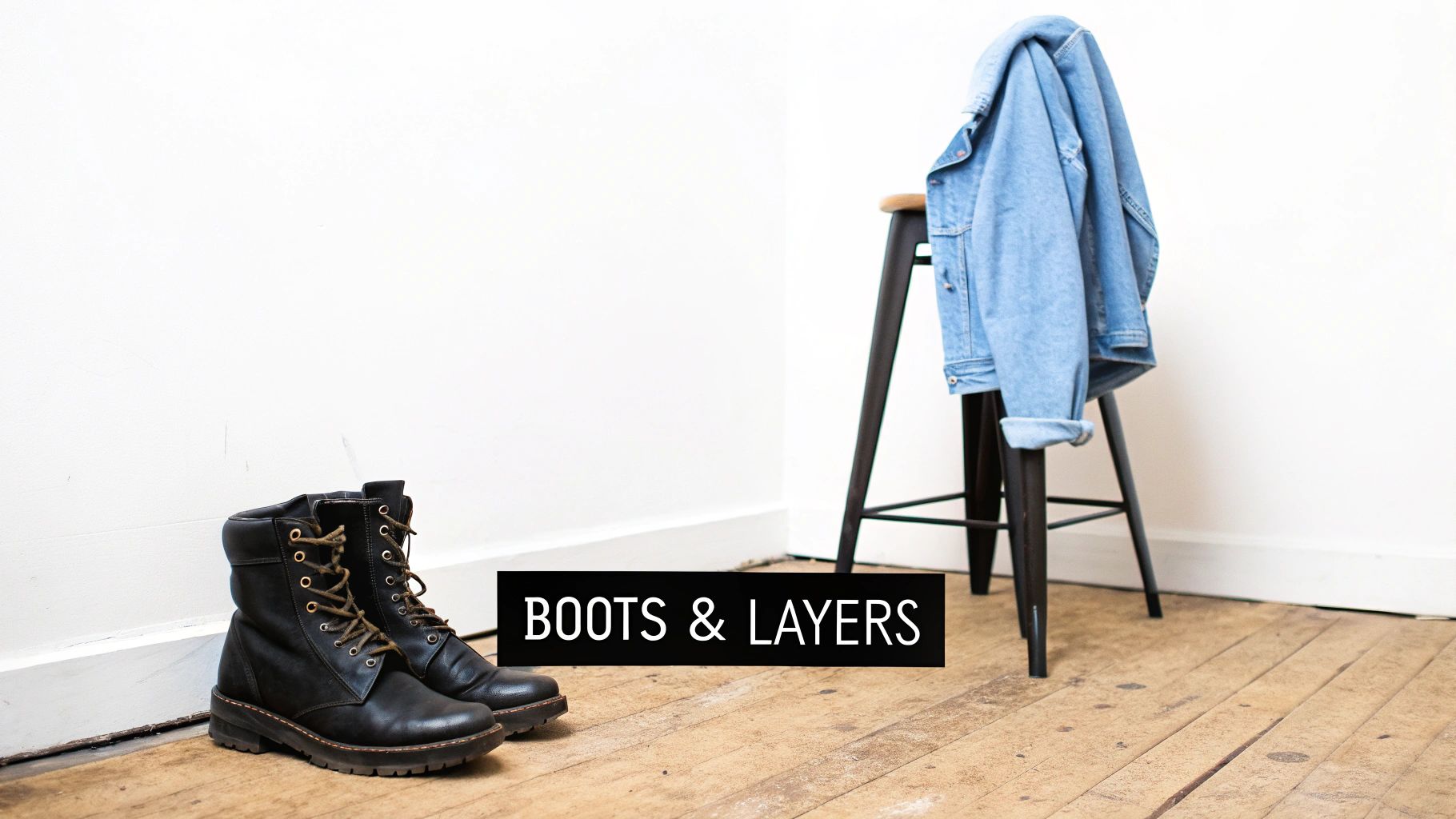 Black leather combat boots and denim jacket draped over chair for concert outfit inspiration