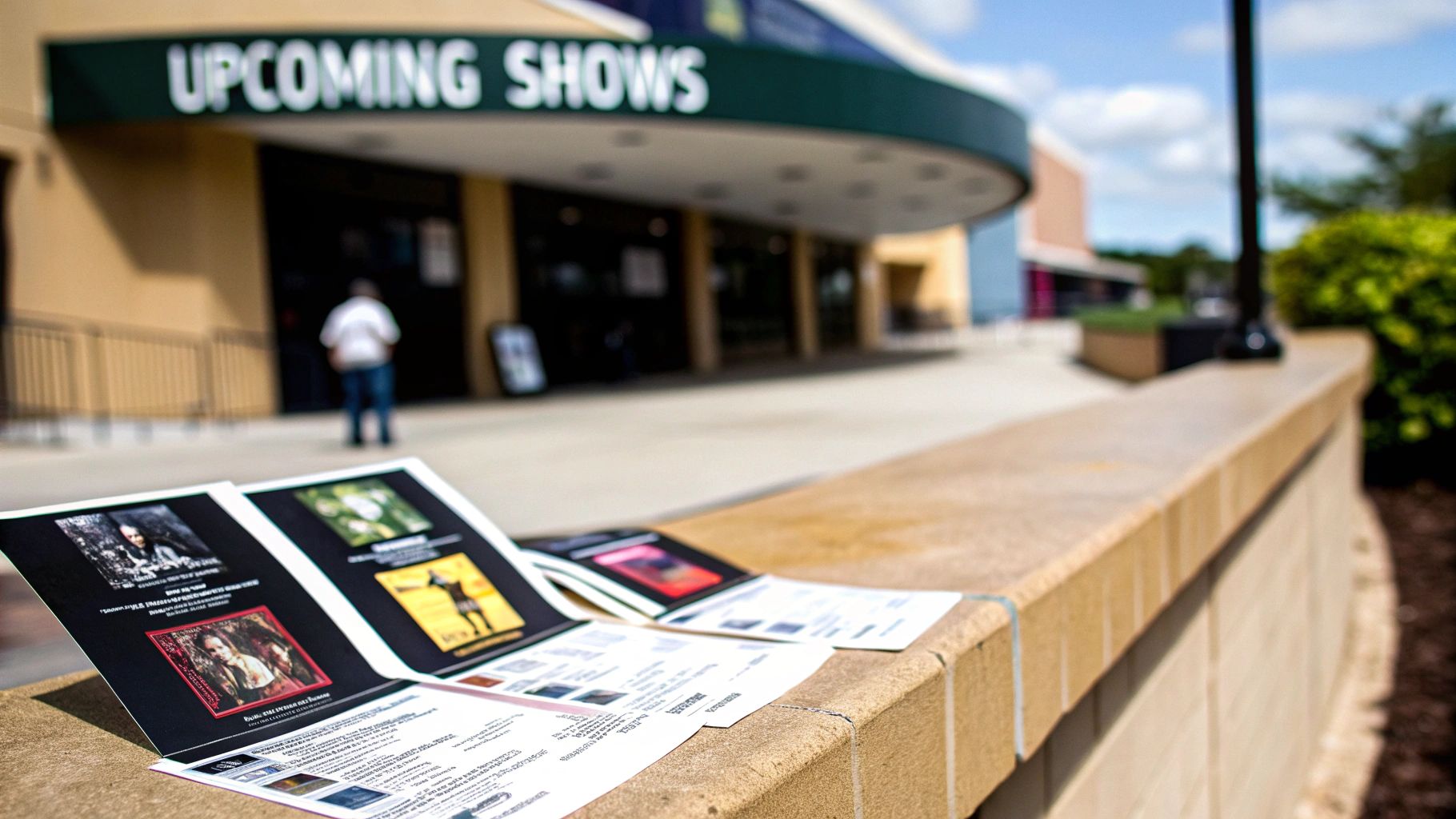 Promotional brochures for upcoming shows laid on a stone ledge outside a theater entrance, with a person approaching.
