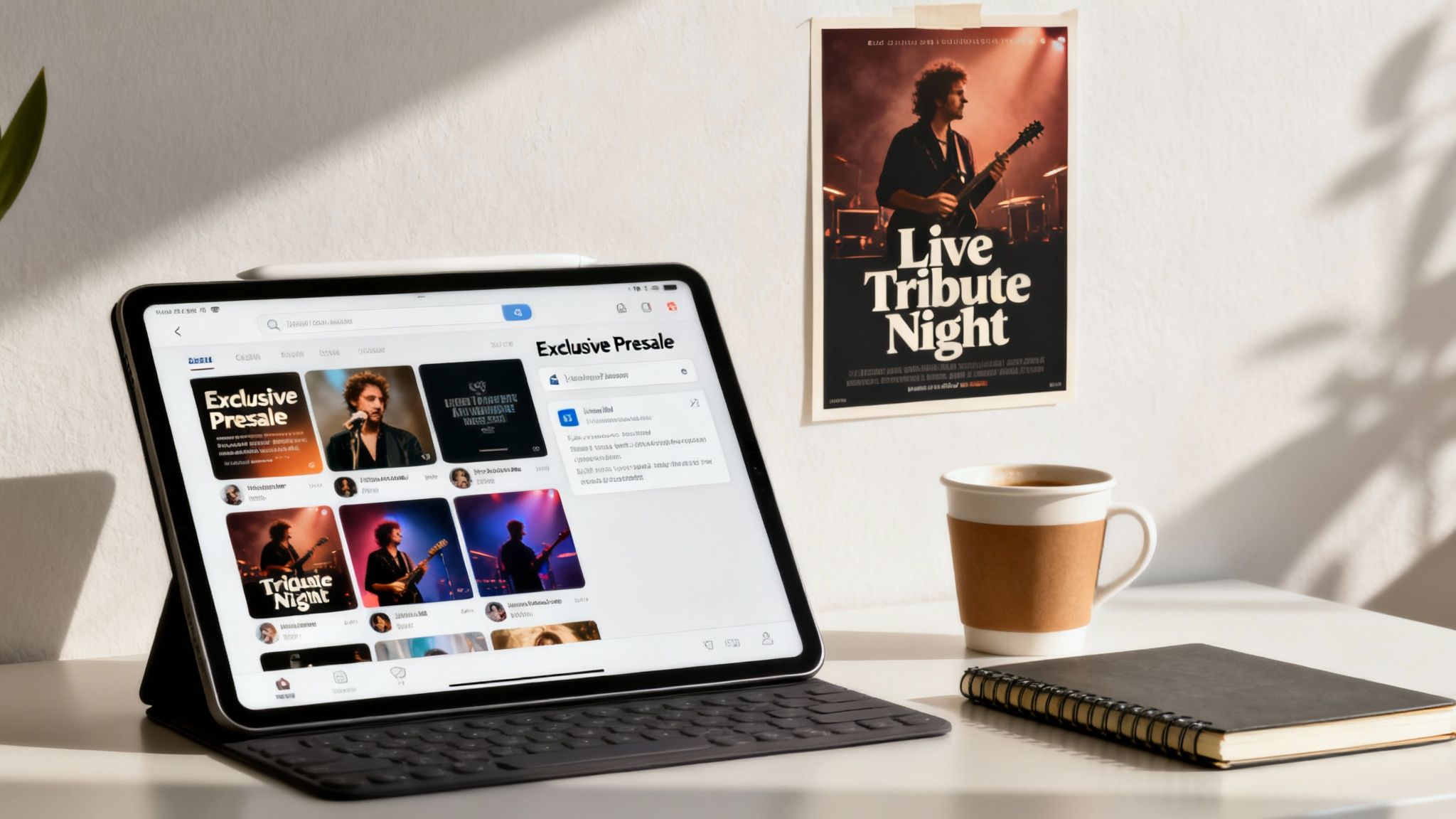 A modern workspace with an iPad displaying concert listings, a matching poster, coffee, and a notebook.