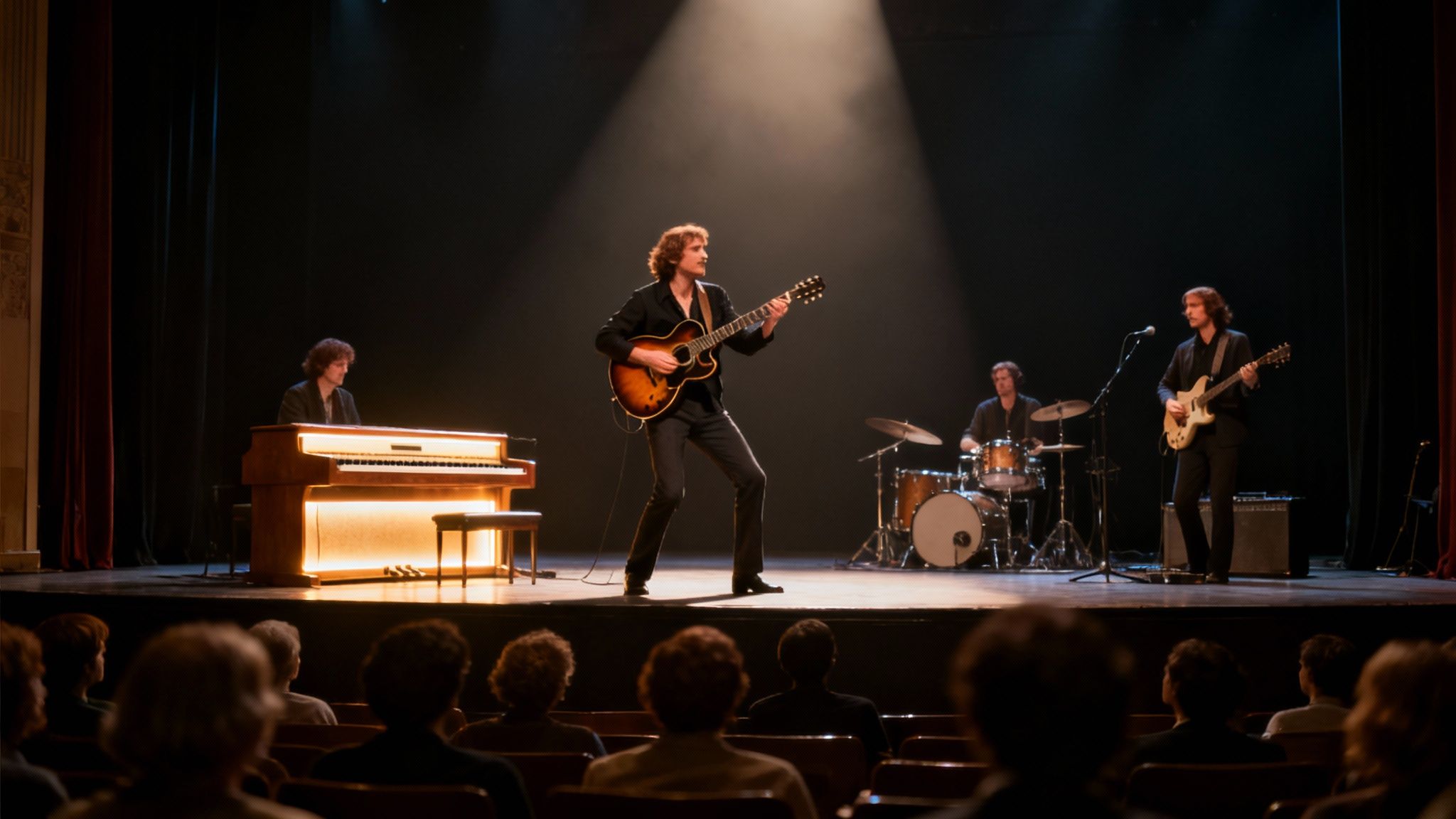 A band performs live on a stage with a guitarist, pianist, and drummer, viewed from the audience.