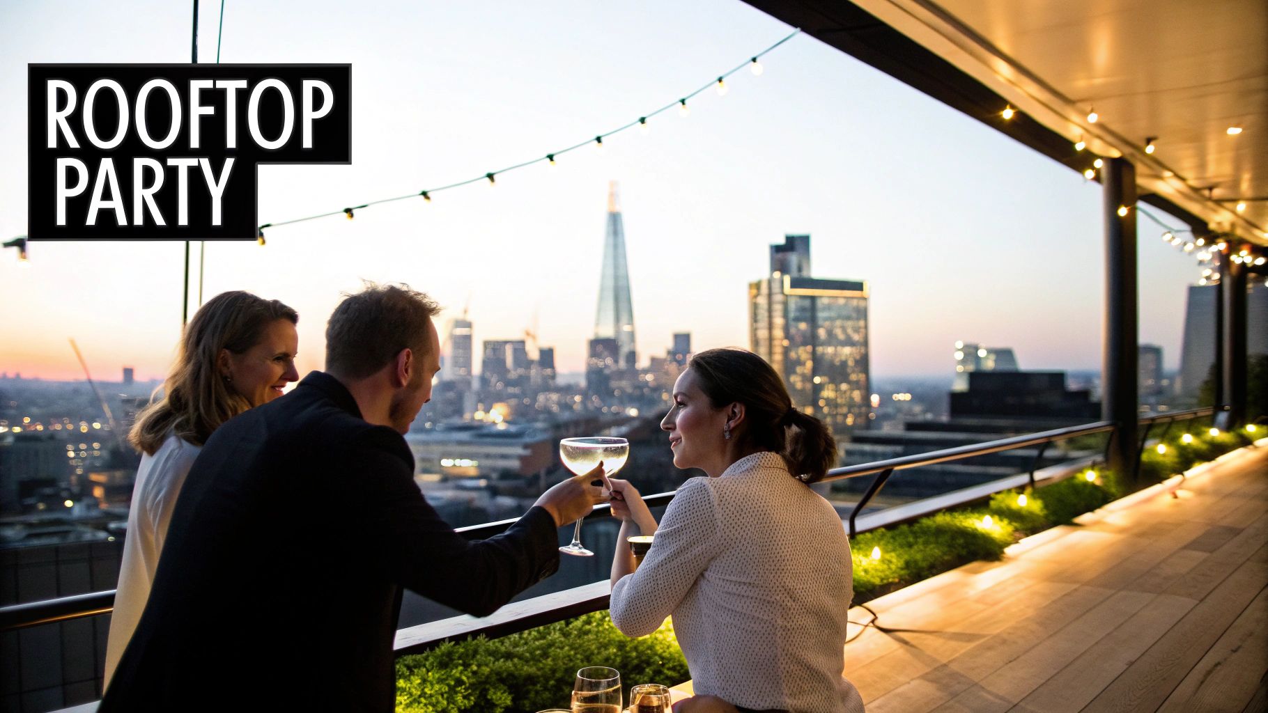 Three people enjoy drinks on a modern rooftop patio with a vibrant city skyline at sunset.