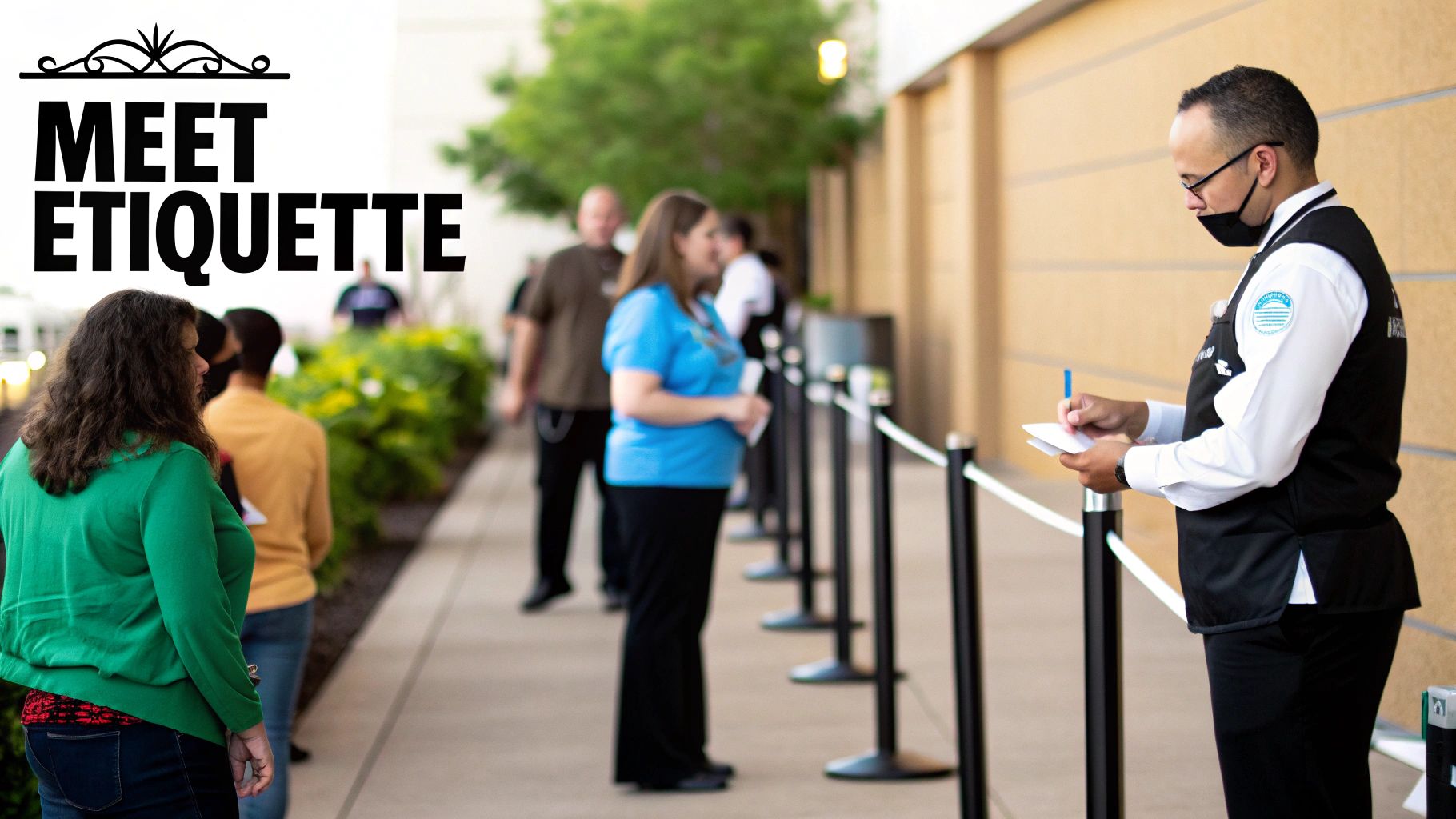 A line of people waiting, with a masked staff member writing on a notepad at an event entrance.