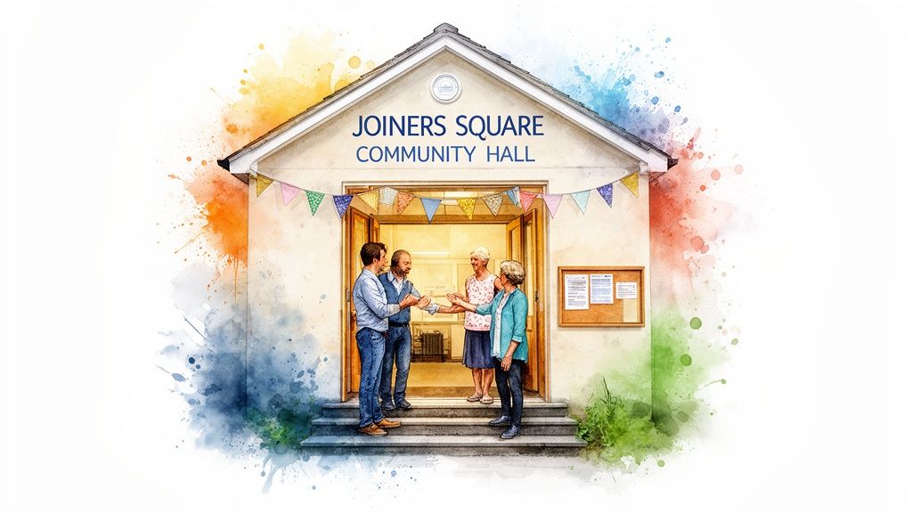 Watercolor illustration of Joiners Square Community Hall with people meeting outside, decorated with bunting.