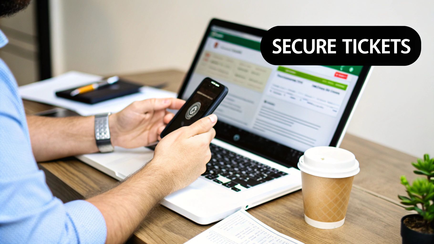 Person using a smartphone for secure authentication while browsing online tickets on a laptop.