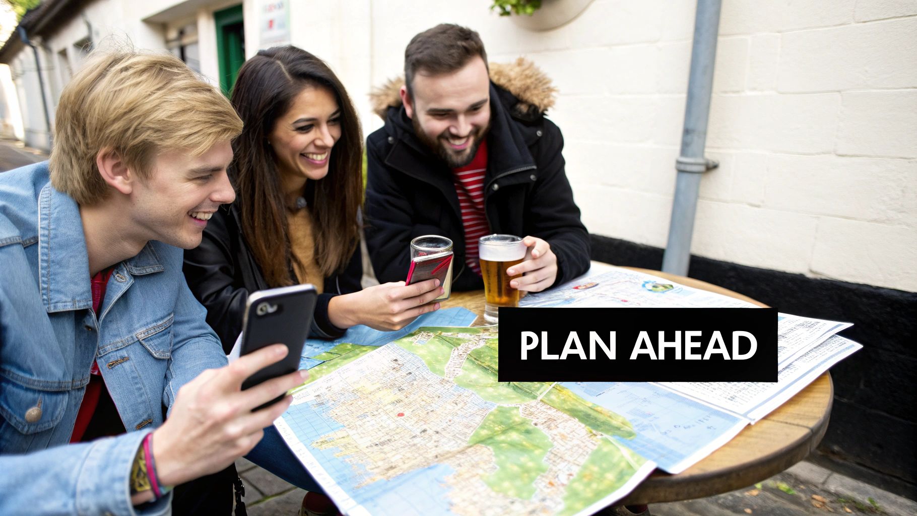 Young friends smiling, checking maps and phones, enjoying drinks while planning ahead outdoors.