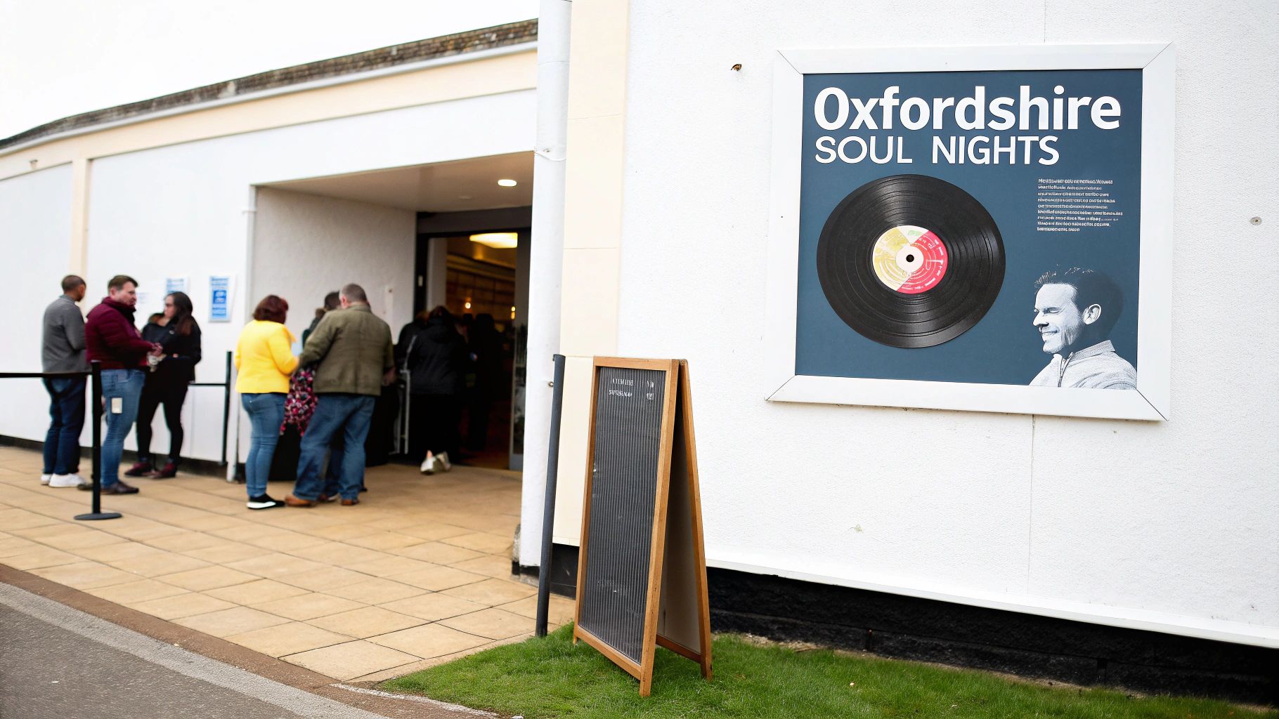 People queueing outside a building, next to a poster for 'Oxfordshire SOUL NIGHTS' and an A-frame sign.