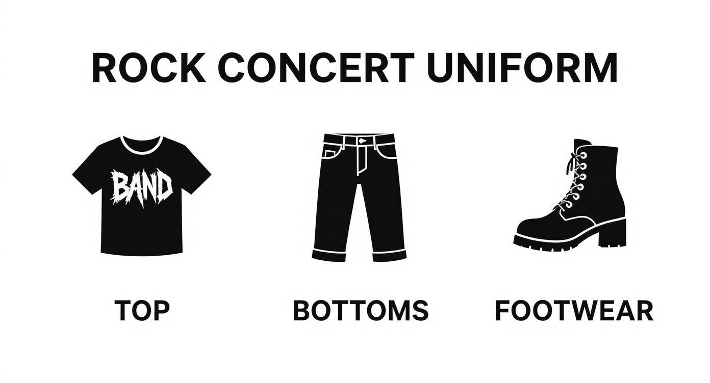 Rock concert outfit guide showing band t-shirt, black jeans, and lace-up combat boots uniform essentials