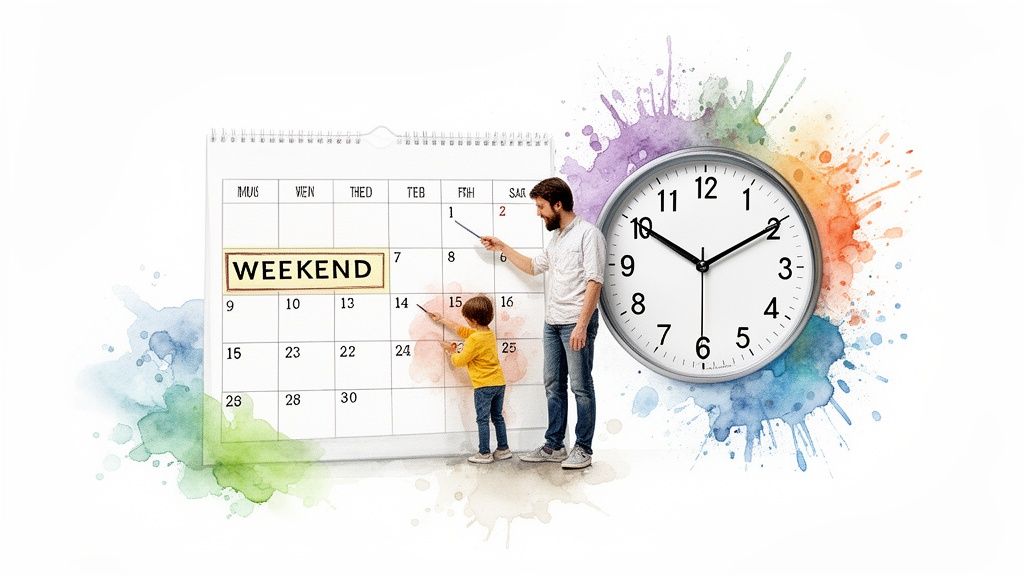 A father and child point to dates on a large calendar with a 'WEEKEND' label and a clock nearby.