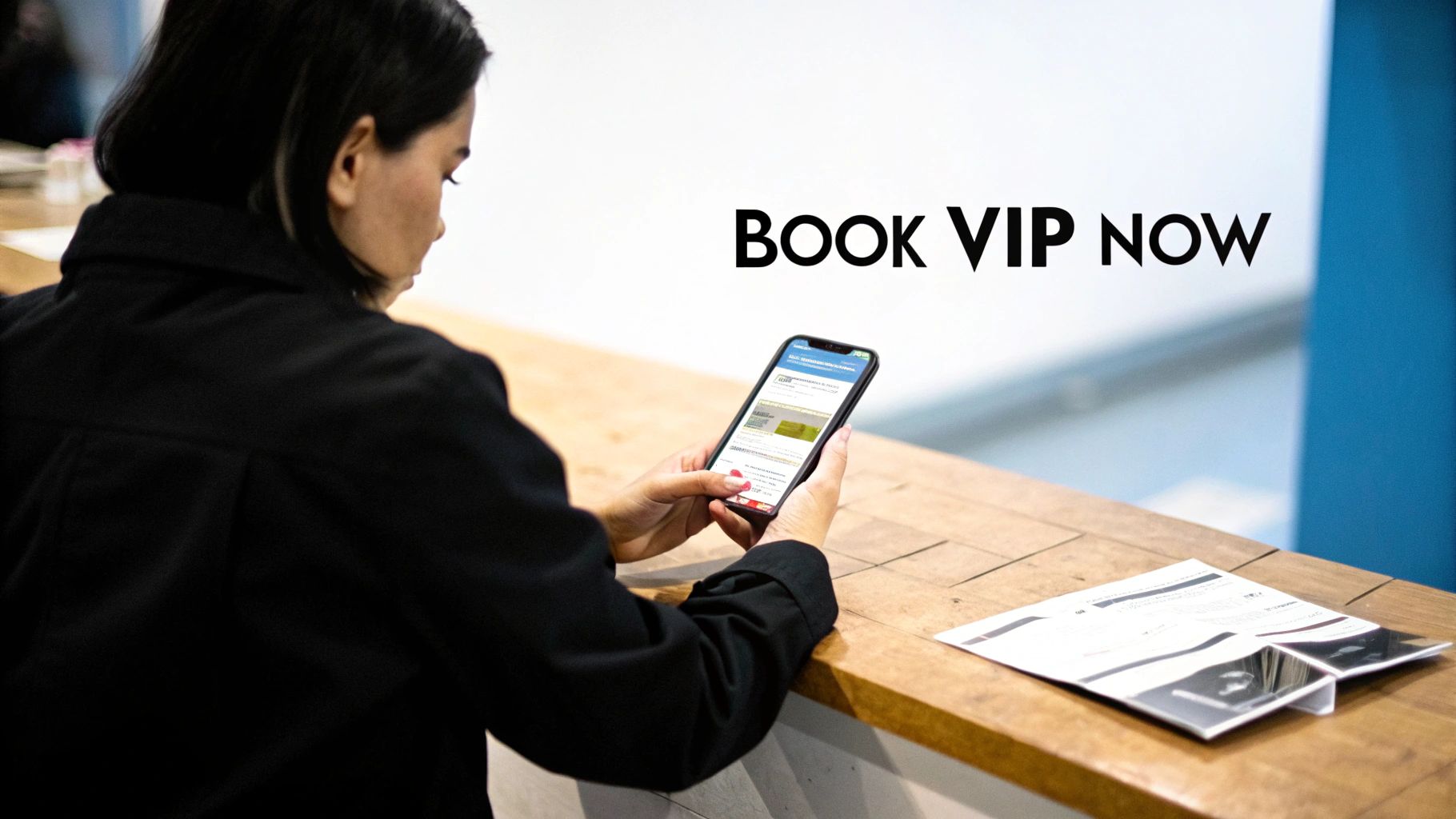 A woman in a black jacket is using her smartphone to book VIP access at a wooden counter.