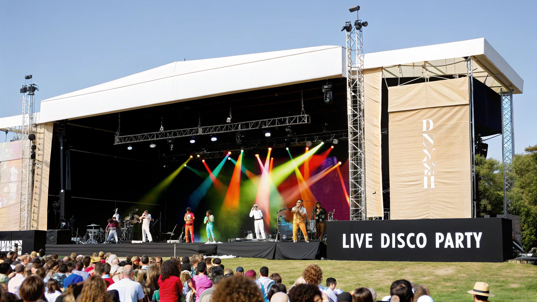 A live disco band performs on an outdoor stage with colorful lights for a large crowd.