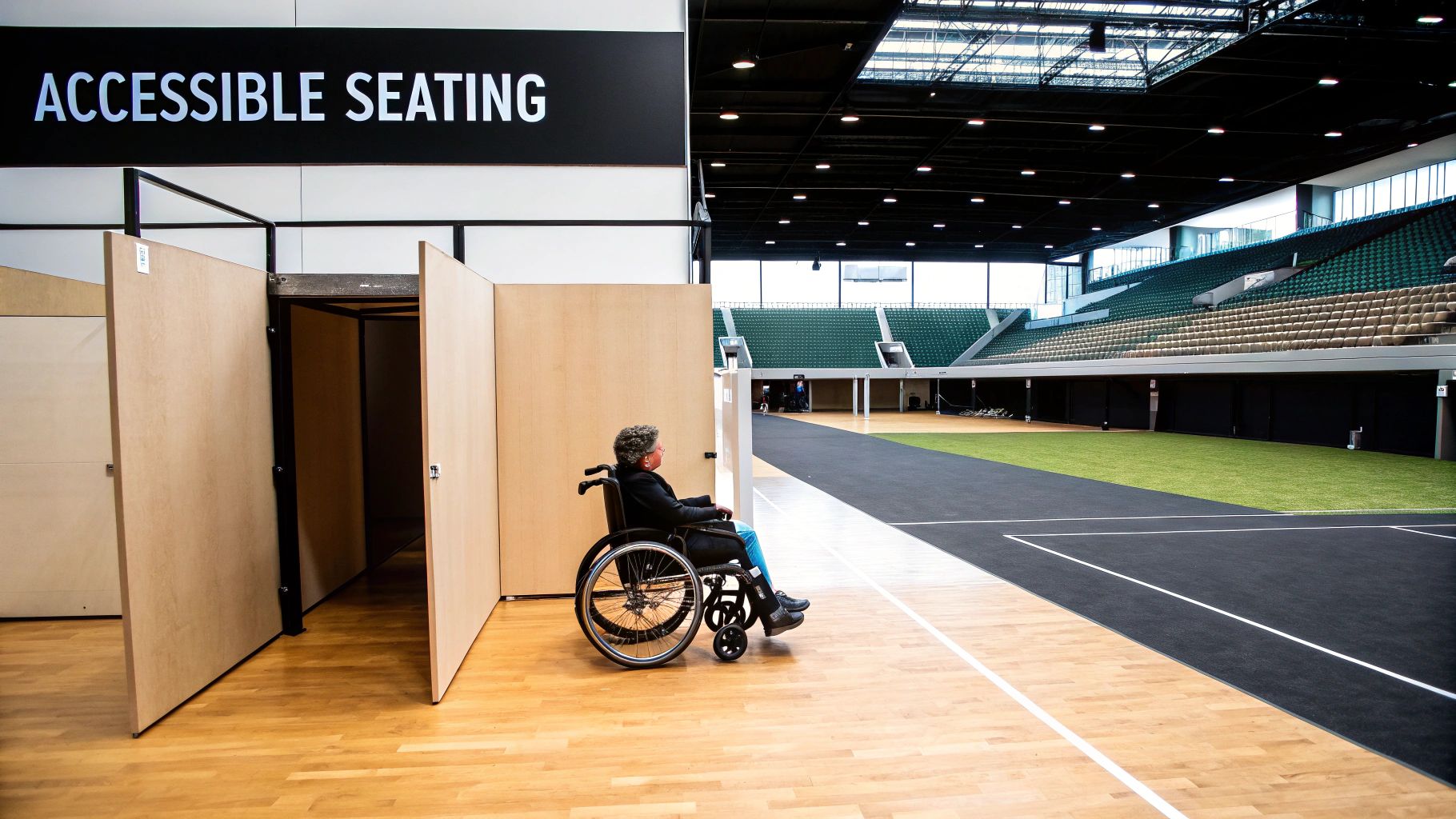 Person in a wheelchair at an accessible seating area overlooking an empty stadium court.