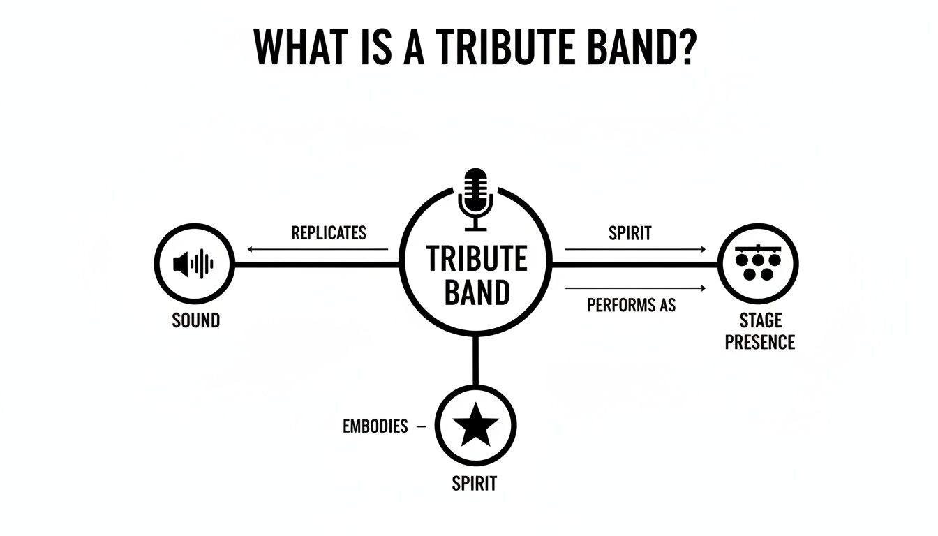 A diagram illustrates what a tribute band is, showing it replicates sound, performs as stage presence, and embodies spirit.