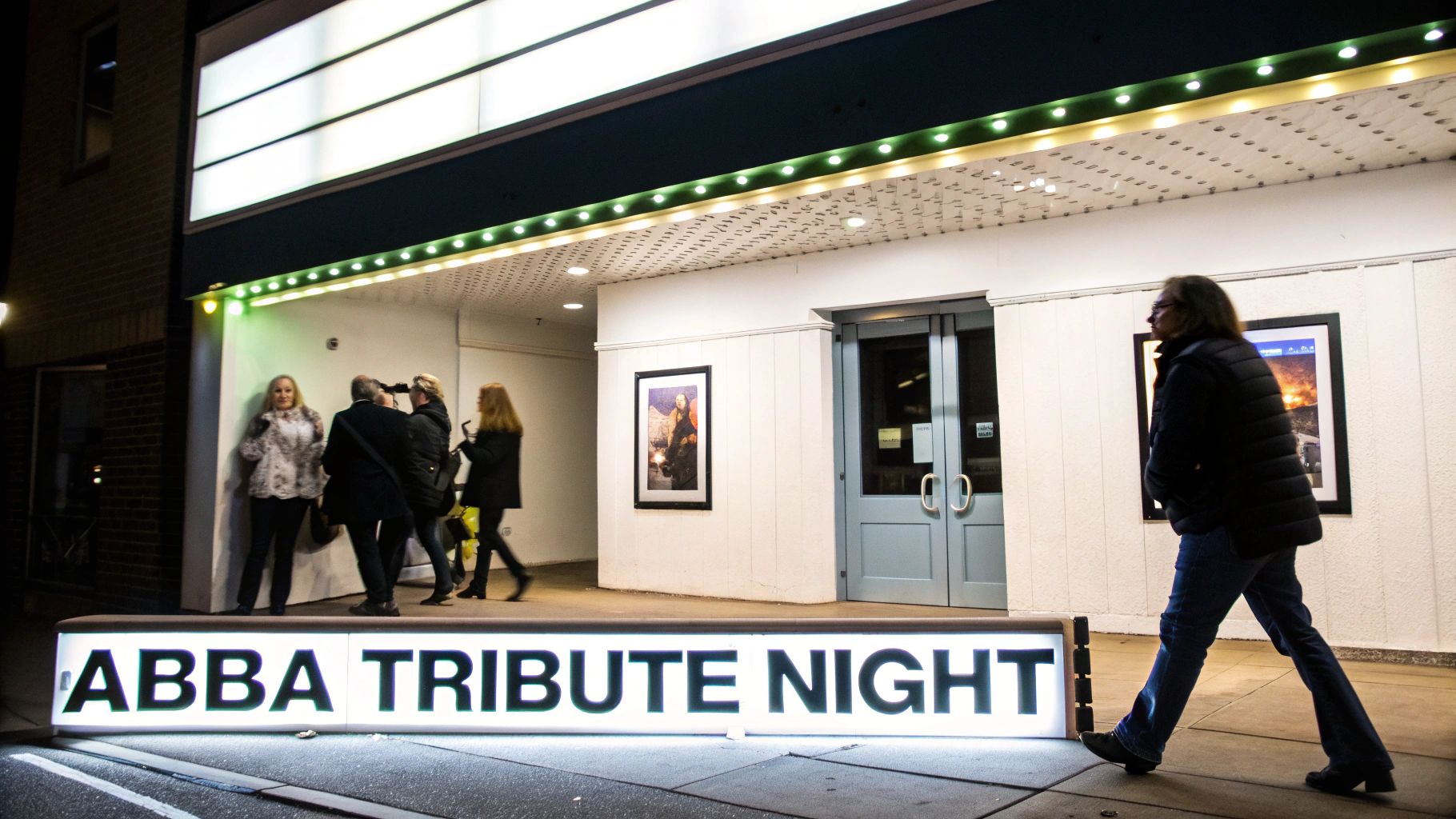 People gather outside a venue at night under a bright sign for an 'ABBA TRIBUTE NIGHT'.
