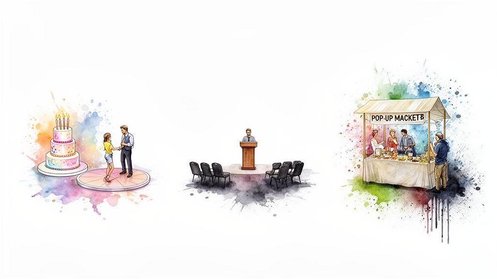Watercolor illustration showing a birthday celebration, a speaker at a podium, and a lively pop-up market.