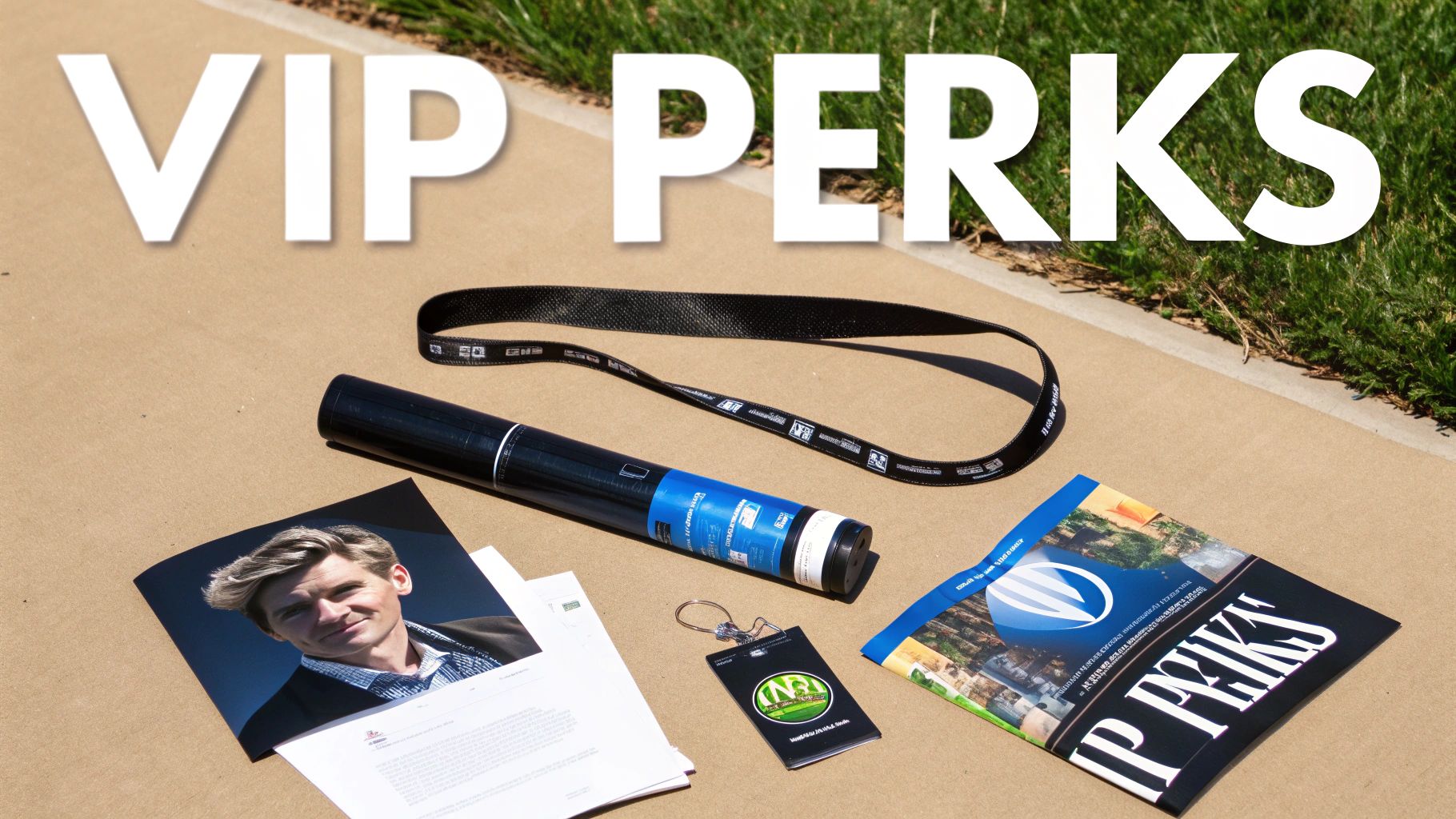 A collection of VIP perks including a lanyard, brochure, pass, and a photo of a smiling man.
