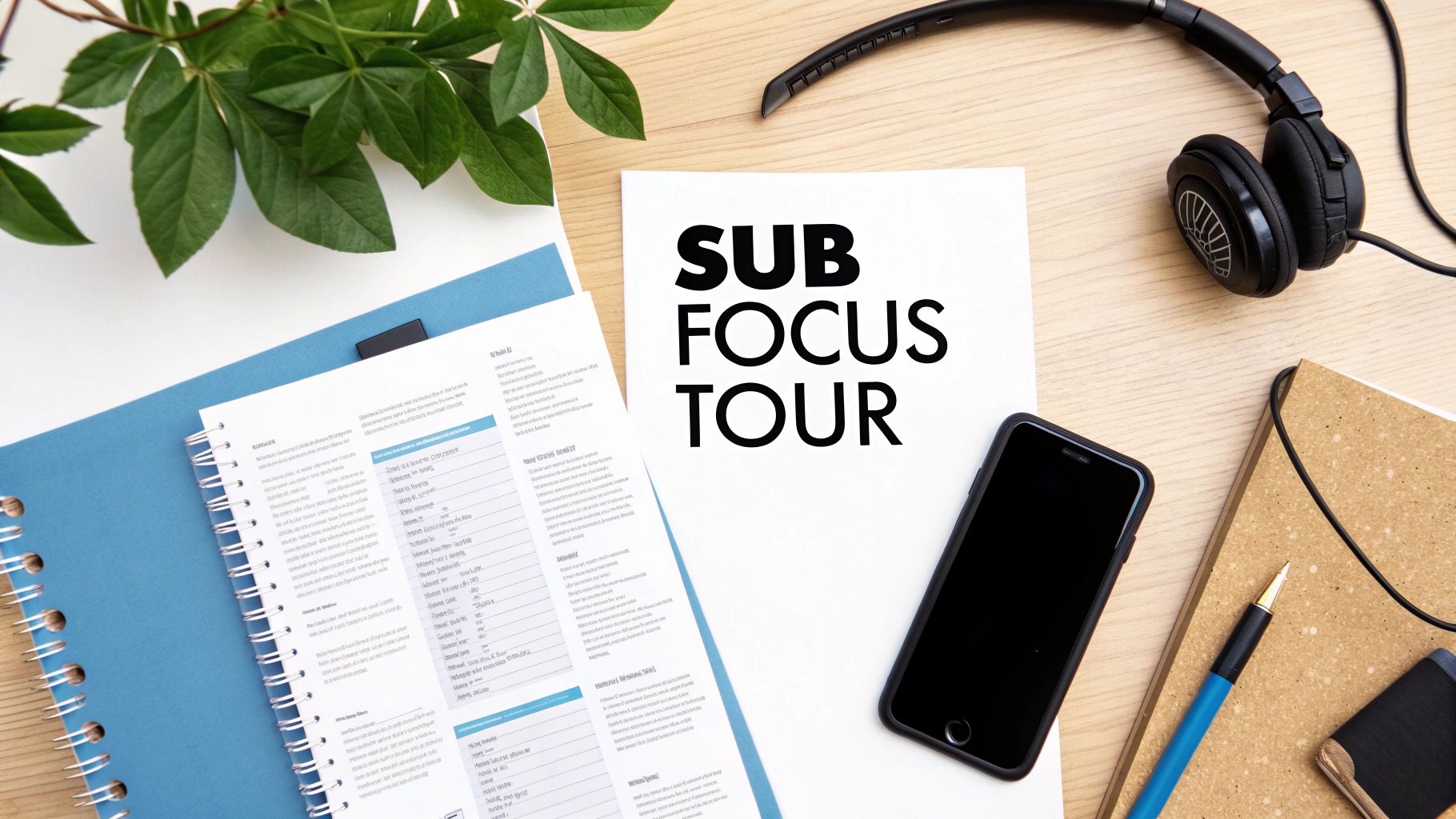 A flat lay of a desk with a 'SUB FOCUS TOUR' document, headphones, phone, and notebooks.