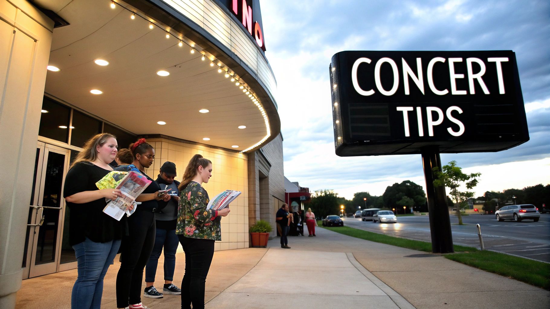 People gather outside a venue under a large sign displaying "CONCERT TIPS" on a cloudy evening.