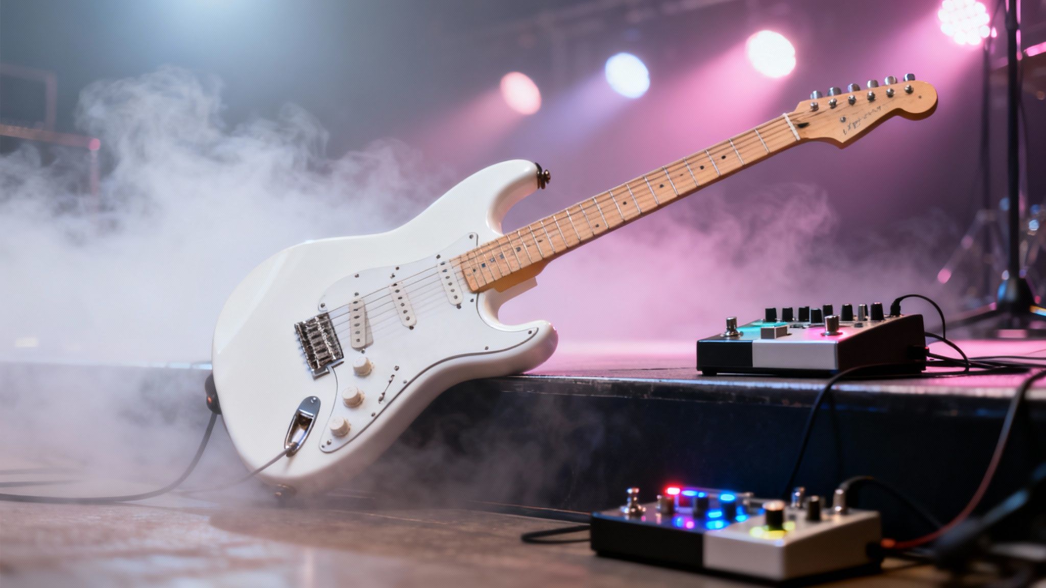 A white electric guitar rests on a smoky stage with colorful lights and guitar pedals.