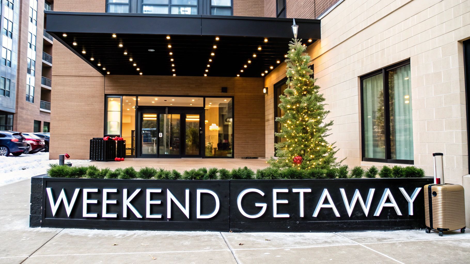 A hotel entrance with a 'WEEKEND GETAWAY' sign, a lit Christmas tree, and a golden suitcase.