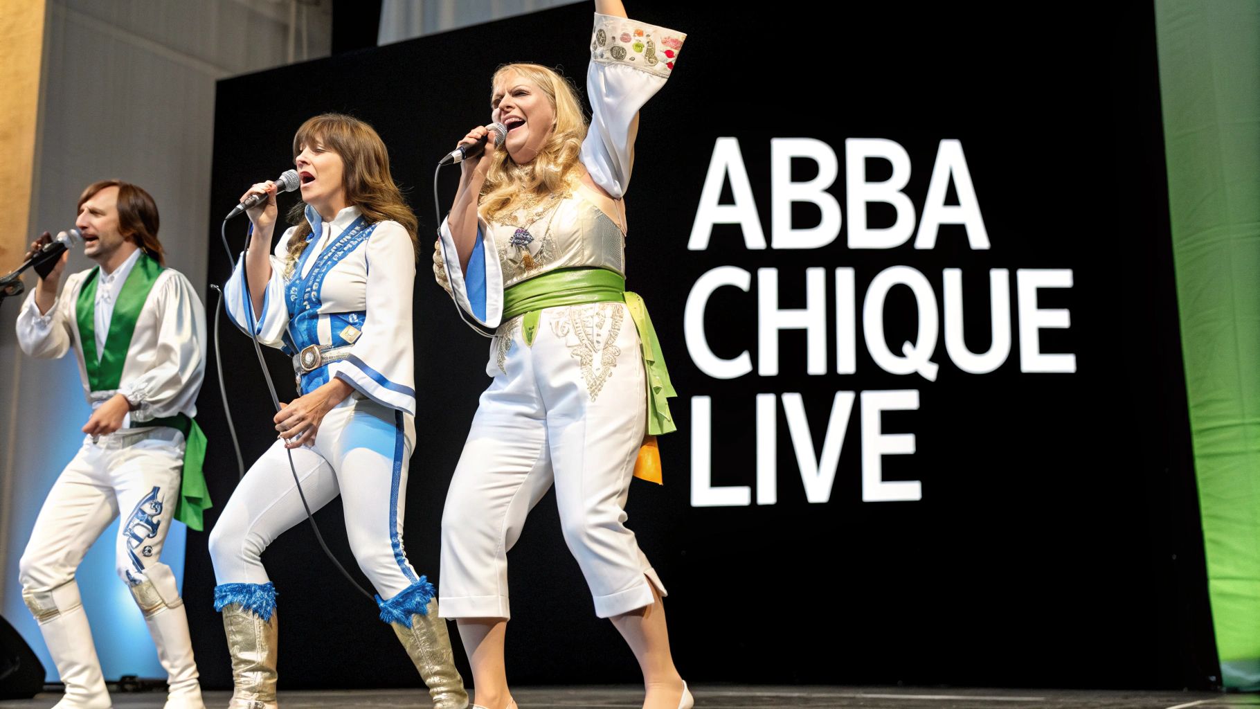 Three performers in ABBA-style costumes sing on stage with microphones in front of an "ABBA CHIQUE LIVE" sign.