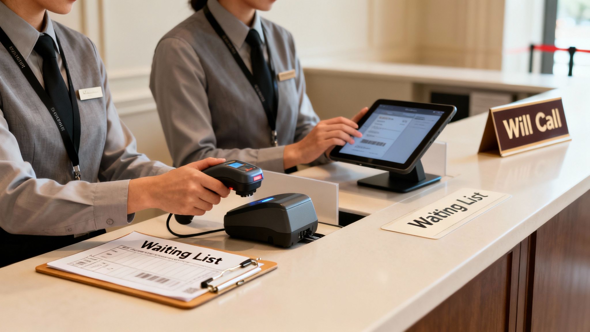 Two event staff use a barcode scanner and a tablet at a counter with 'Waiting List' and 'Will Call' signs.