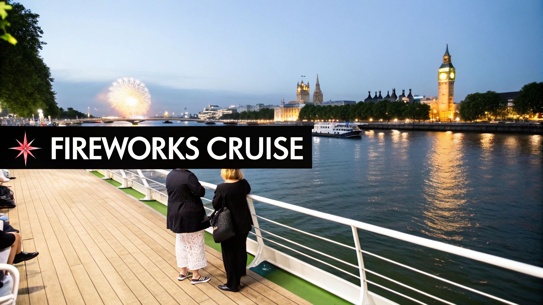 People on a cruise boat watching a dazzling fireworks display over the River Thames with London's Big Ben.