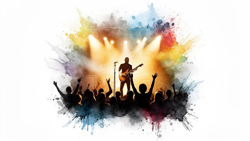 Energetic live music concert with a guitarist performing for a cheering audience under bright stage lights.